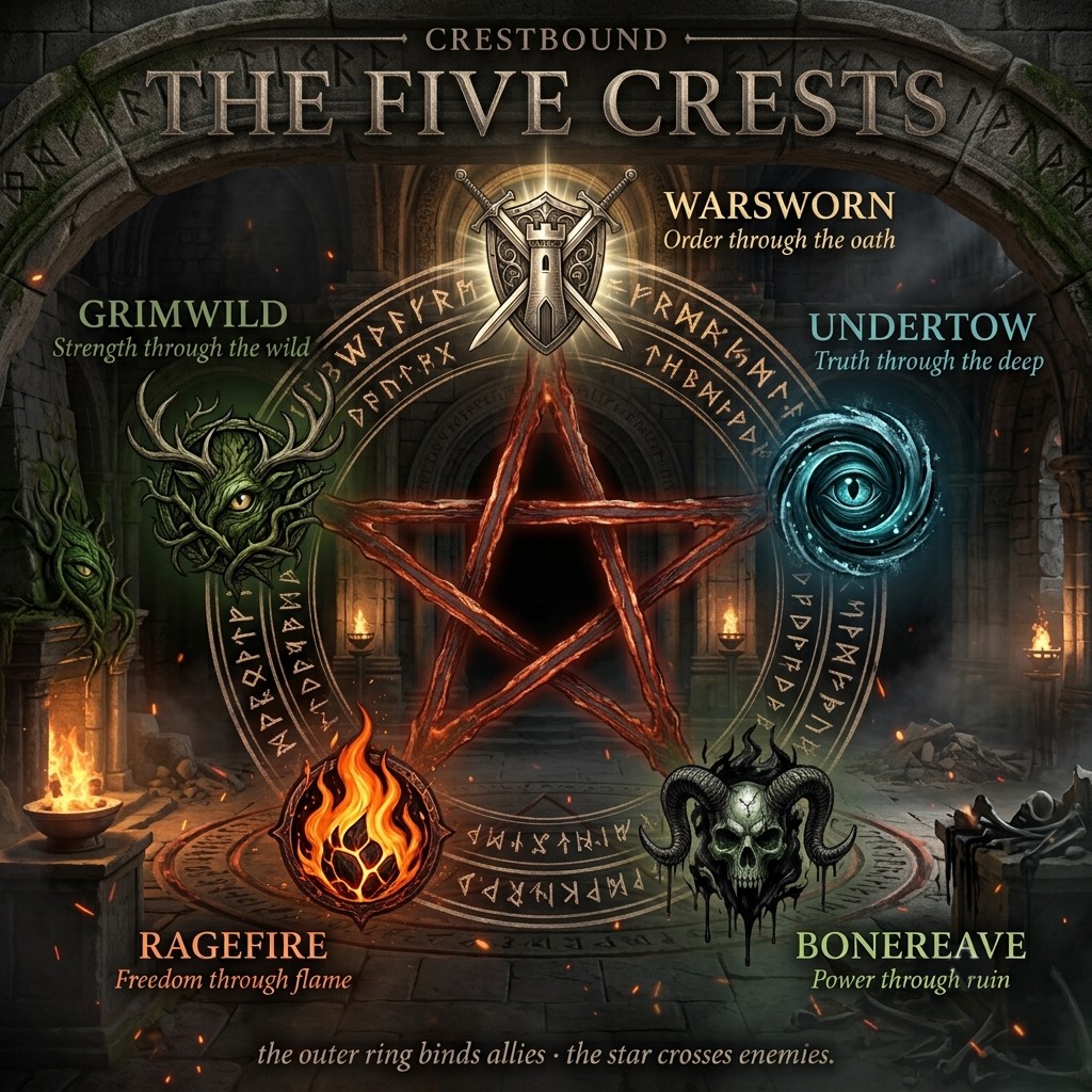 The Five Crests, Warsworn, Undertow, Bonereave, Ragefire and Grimwild arranged around a pentagram of runes.